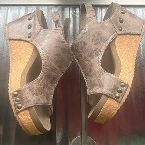 Corkys Distressed Brown Cork Wedge Sandals with Stud Details